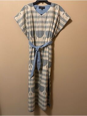 J. Peterman Cream Maxi Dress with Light Blue Print and Waist Tie